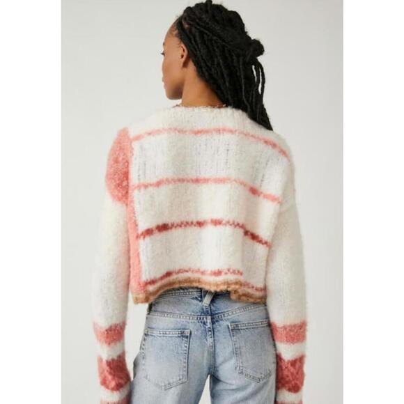 EUC Free People Emerson Pullover Cropped Sweater Neutral Pink/White Size XL $148 - Picture 3 of 8